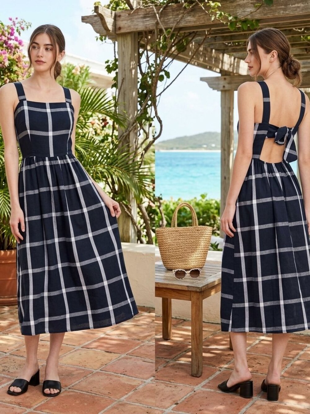 Women's Black White Linen  Pockets Sleeveless Midi Dress Sz Medium Stripped